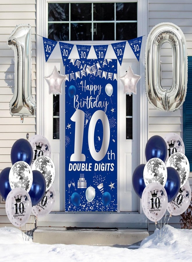 Purtarly 10th Birthday Decorations for Boys Girls, Blue Silver Happy 10th Birthday Double Digits Door Banner Decorations, Number 10 Foil Balloon Triangle Flag 10 Year Old Bday Party Supplies for Son Daughter - Image 5